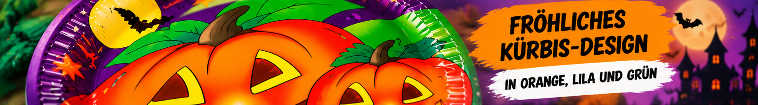 Halloween Partygeschirr mit K&uuml;rbis-Motiv in Orange Lila und Gr&uuml;n